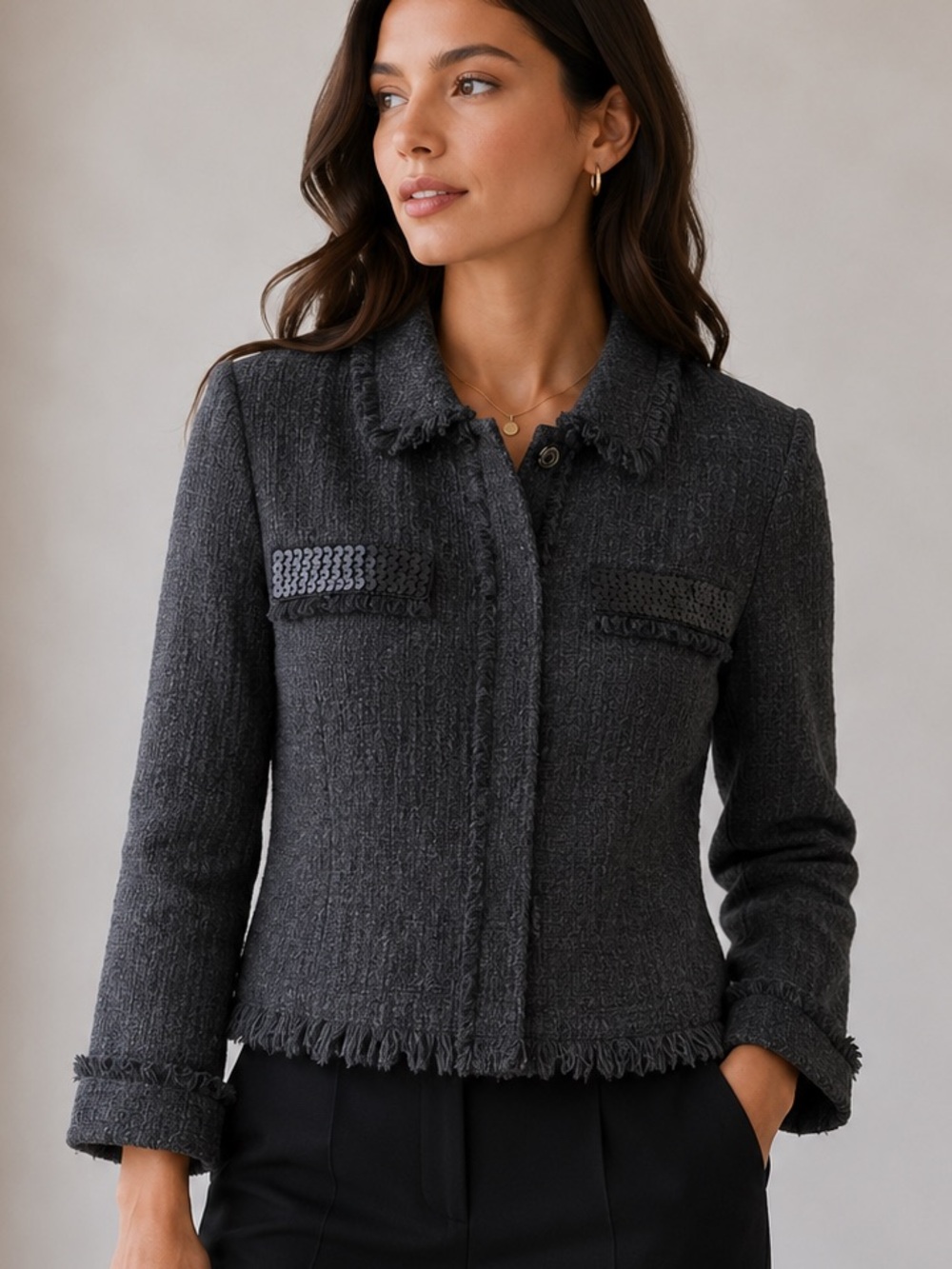 Riani NWT Tweed Bouclé Sequin Trim Jacket Gray Virgin Wool Alpaca Blend Size 36
